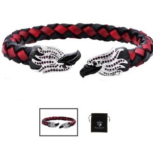 Men’s Black And Red Leather Black Stainless Steel Eagle Bracelet With Red Cubic